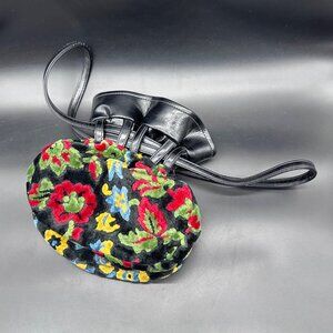 Vintage Purse Velveteen Floral Tapestry Bucket Bag Drawstring 1940s Black Red
